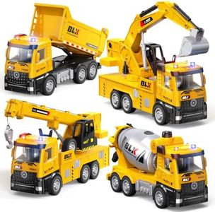 ORANGE OCEAN 4 Pcs Construction Truck Toys for 2 3 4 5 Year Old Boys, 9" Construction Vehicles with Light & Sound, Trucks for Toddlers 2-4 Years, 2 3 4 5 Year Old Boy Birthday Gifts