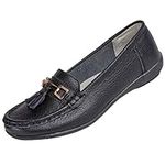 Ladies Nautical Wide FIT Leather Smart Loafer Tassel Moccasin Flat Slip On Comfort Shoe Size 4-8 (UK 6/ EU 39, Black)