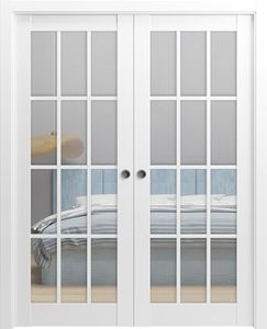 SARTODOORS Sliding French Double Pocket Doors 72 x 80 inches Clear Glass 12 Lites| Felicia 3355 Matte White | Kit Trims Rail Hardware | Solid Wood Interior Bedroom Sturdy Doors