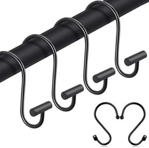Black Shower Curtain Hooks S Hooks for Hanging Shower Hooks 12 Pack Metal Rustproof Rings with T-Bar Design, Elegant & Durable, Easy to Install for Bathroom, Kitchen, or Wardrobe Rods Curtain Rings