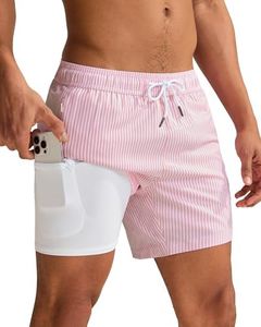 maamgic Mens Swim Trunks with Compression Liner 5 Inch, Quick Dry Bathing Suit with Zipper Pockets, Stretch No-Chafing Swim Shorts, Pink White Stripe X-Large