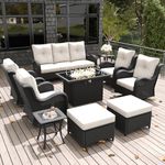 LayinSun 10 Pieces Outdoor Patio Furniture Set with Fire Pit Table, Rattan Wicker Sectional Swivel Rocker Chairs Sets with Ottomans, Swivel Glider Chairs and Coffee Table