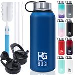 BOGI Insulated Water Bottles, 32oz Double Wall Vacuum Stainless Steel Water Bottles with 3 Lids Metal Water Bottle with Straw Lid Spout Lid & Stainless Steel Lid Sport Water Bottles KeepsHot and Cold