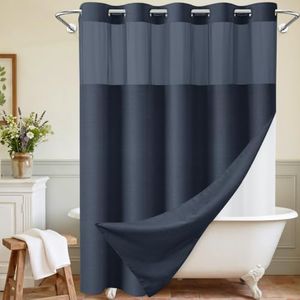 WONICY Extra Long No Hook Shower Curtain with Snap in Liner, Polyester Textured Shower Curtain with Liner Set, Waterproof Washable Hotel Style Shower Curtains for Bathroom, 71Wx86H, Navy