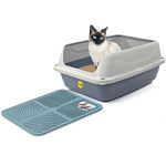 CAT CENTRE Big Grey Open Cat Litter Tray + Blue Tray Mat High Sided Rim Extra Deep Anti-Spillage XL Toilet Box Pan Loo High-Spraying Adult Cats Lowered Entry Step Detachable Rim Rounded Corners