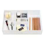 Amtido Desk Drawer Organiser Tray for Office Stationary Supplies & Accessories - Draw Tidy Storage Box – 3 Compartments with 2 Adjustable Dividers – White