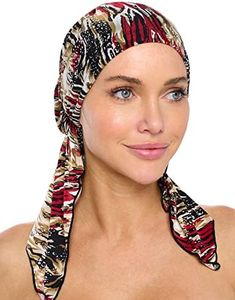Ashford & Brooks Women's Pretied Printed Fitted Headscarf Chemo Bandana - Abstract Black/Burgundy/Tan
