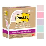 Post-it 100% Recycled Paper Super Sticky Notes, 2X The Sticking Power, 3x3 in, 5 Pads, 70 Sheets/Pad, Wanderlust Pastels Collection (654R-5SSNRP)