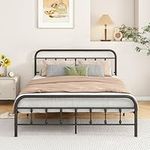 HOJINLINERO Metal Bed Frame Queen Size,Platform Queen Bed Frame with Headboard No Box Spring Needed,Steel Slats Support Under Bed Storage Space Easy Assembly,Black