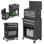 GiantexUK 2-in-1 Tool Cabinet on Wheels, Rolling Lockable Metal Tool Chest Storage Box with Detachable Top Cabinet, 6 Drawers & Hooks, Heavy-duty Toolbox Trolley for Garage Workshop (Black)