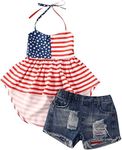 Toddler Baby Girl Fourth of July Outfits Halter Star Top + Ripped Hole Denim Shorts Kids Girl 4th of July Clothes Set (Striped Denim, 5-6 X)