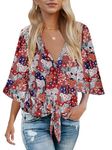 Bluetime Womens Summer Tops Boho 3/4 Sleeve V Neck Tie Front Shirts Casual Floral Blouses, Floral 10, Large