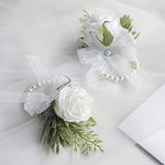 Floroom Ivory Rose Wrist Corsage Wristlet Band Bracelet for Women Bride Bridesmaid White Wedding Prom Set of 2