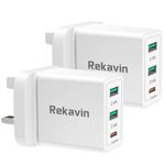 2 Pack USB Plug UK 3 Pin Mains Charger,Rekavin Multi USB Charger Plug Adaptor UK Compact Triple Port Charge Head 5V/2.4 AMP Charging for iPhone 11/11 Pro/10/Xs/XS Max/XR/X/8/7/6 Plus/5/4,iPad etc