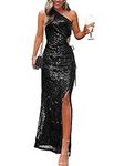 BerryGo Women's Sexy Sequin One Shoulder Cut Out Prom Maxi Dress Ruched Bodycon Sparkly Glitter Slit Party Formal Dress, C-one Shoulder-black, Large