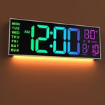 JALL 16" Large Digital Wall Mount Clock, Count Down Timer with Remote, Alarm, Big LED, 8 RGB Color, DST, Temperature for Gifting and Occasion, Plastic, ABS, White Shell, multicolor