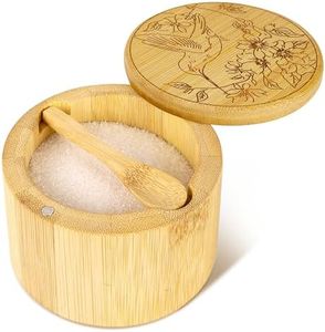 Loscarol 1Pcs Bamboo Salt Cellar Spice Box with Magnetic Swivel Lid & Spoon, Bamboo Storage Box Salt Container, Flowers and Birds Engraved on Lid, 6 oz, Farmhouse Kitchen Decor