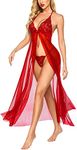 Xs and Os Long Lace Babydoll Open Front Lingerie with Panty (Medium, Red)