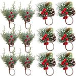 12 PCS Christmas Napkin Rings Set, Kalolary Xmas Napkin Buckles Set Red Berries Napkin Holders Pine Cones Needles Napkin Holders Wooden Snowflake Tableware Supplies for Holiday Dinner Table Decoration