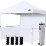 Eurmax USA 10'x10' Pop-up Booth Canopy Tent Commercial Instant Canopies with 1 Full Sidewall & 3 Half Walls and Roller Bag, with 4 SandBags + 3 Cross-Bar(White)