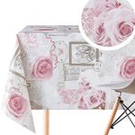 KP HOME Waterproof Wipe Clean Tablecloth - Rectangle Oilcloth 78 X 55 in | 200 X 140 cm - Shabby Chic English Roses Table Cloth Wipeable - Plastic Kitchen PVC Table Cover in Dusty Pink Flowers