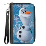 Buckle-Down Disney Wallet, Zip Around, Frozen Olaf Smiling Pose and Text Snowflakes Blues/White, Vegan Leather, 7.5"x4.5", Casual