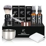 Shaving Kit for Men, 8 in 1 Beard Care Kit with Sandalwood Shaving Cream, Pre Shave Oil, Aftershave Balm, Safety Razor, Shaving Brush, Bowl & Soap, Shaving Apron Bib Aftershave Men Gift Shaving Set