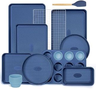 HONGBAKE 22-Piece Baking Pans Set Nonstick, Stackable Non Toxic Bakeware Sets with Diamond Texture, Oven Pan Set for Cooking, Includes Cookie Sheet with Rack, Cake Pan, Roasting Pan, Muffin Tin, Blue