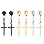 3 Pairs Magnetic Earrings with Cross Dangle for Men Women,Cupimatch Stainless Steel Fake Stud No Pierced Cross Earrings Set Jewelry