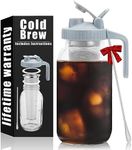 Jrssae Cold Brew Coffee Maker - 64oz Cold Brew Pitcher with Stainless Steel Super Dense Filter 3 Steps Finish Cold Brew Coffee, Classic BPA Free Sturdy Mason jar Pitcher with Gray Lid Easy to Clean