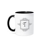 3dRose 3dRose Initial Letter T Personal Monogrammed Fancy Black and White Typography Personalized - Two Tone Black Mug, 11oz (Mug_154343_4), Black/White