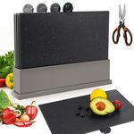 MASTERTOP Index Chopping Board Set, Plastic Chopping Boards with Storage Stand, Non Slip Kitchen Cutting Boards for Meat or Vegetables, Grey, Send 1 Scissor