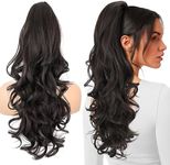 SOMOREATY Ponytail Extension, 24" Claw Clip in Ponytail Extensions Synthetic Hairpiece Long Curly Wavy Layered Hair Extension Jaw Clip on Pony Tails for Women Dark Brown