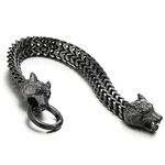 COOLSTEELANDBEYOND Mens Black Wolf Head Steel Franco Link Curb Chain Bracelet with Spring Ring Clasp 8.7 Inch(CA)