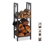 Relaxdays Firewood Rack with 2 Shelves Steel 4 Hooks for Firewood Utensils 100 x 40 x 30 cm Anthracite