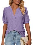 isermeo Womens Summer Hollowed Out Fabric Short Sleeve Tops Loose Fit Shirts Purple S