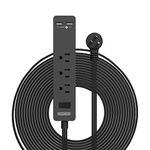 Flat Extension Cord 15 Ft, NTONPOWER Flat Plug Power Bar with 3 Outlets 2 USB Ports, Thin Flat Extension Cord Under Carpet, Rug, Door, Wall Mount Power Strip for Indoor, Home, Office, Black