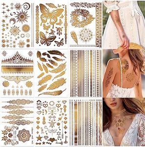 HOWAF 9 Fogli Metallico Tatuaggio Temporaneo, Tatuaggi Temporanei Metallici Tatuaggi Oro Modelli Impermeabile Tatuaggi Oro Tattoo Adesivi Tatuaggi Temporanei per Adulti Donne Ragazze Festival Party