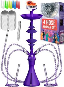 Purple Hookah Set 4 Hose - Purple Hookah 4 Hose Set - Big Hookah Set 4 Hose with 50x Foil Big Silicone Bowl 10x Tips 4x Hookah Hose Silicone Tongs - Hookah 4 Hose Purple - 4 Hose Hookah Set