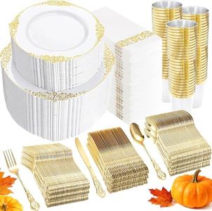 YOUBET 700PCS Gold Plastic Dinnerware Set - White and Gold Disposable Plates for 100 Guest - 200 Disposable Plates, 300 Heavy Duty Plastic Silverware, 100 Cups,100 Napkins for Wedding & Party