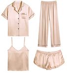 SWOMOG Womens 4pcs Pajamas Sets Silk Satin Sleepwear Sexy Cami with Button Down Short Sleeve Shirt Pjs Loungewear Champagne Small