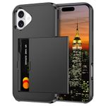 Coolden for iPhone 16 Case with Card Holder Armor Shockproof Case Heavy Duty Protective Case Hard Back Soft TPU Bumper Hidden Card Slot Wallet Case Cover for iPhone 16 Phone Case (Black)