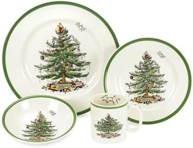 Spode Christmas Tree 4-Piece Dinnerware Setting - Fine Earthenware Service for 1 Tableware - Dishwasher & Microwave Safe, Festive Christmas Plates, Bowls, Mug - Holiday Dining Essentials