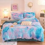 ZIQINPSQ Plush Shaggy Duvet Cover Set,Tie Dye Faux Fur Bedding Set for Teens Girls Soft Velvet Fluffy Fuzzy Comforter Cover Bed Set (Blue, Double)