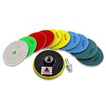 KURSTOL Diamond Polishing Pads Set - 10pcs 4"/100mm Wet Countertop Polishing Pads+1pc Backer Pad of Plastic Body+1pc Adapter 5/8"-11 Thread to Round Shank for Granite Quartz Stone Marble