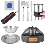 Camping Dinnerware Set Stainless - Camping Mess Kit Includes Cups, Bowls, Dishes, Knives, Forks, Spoons, Etc, Camping Tableware Set with Mesh Bag is Easy to Carry（1 Person Set Black）