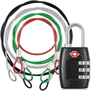 DanziX TSA Approved Lock and 4 Colors Stainless Steel Safety Tether，3-Dial Combination Travel Luggage Lock with Lanyard Security Cable for Protect Your Different Sizes of BagsSuitcaseBaggage