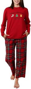 OCCIENTEC Women's Cotton Pajamas Christmas Pajamas for Ladies Printed With Christmas Elements Solid Color Top And Plaid Pants Red,XL