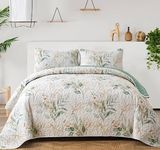 Floral Quilt Full Size Green Botanical Full Quilt 3 Pieces,Reversible Soft Full Quilt Bedding Set for All-Season(90"x78")