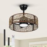 TALOYA 20 Inch Caged Ceiling Fans with Lights Remote Control Flush Mount Low Profile for Bedroom Living Room Outdoor Patio,Reversible,DC Motor,Buzzer On/Off,Dimmable Led Light Included,Black Walnut